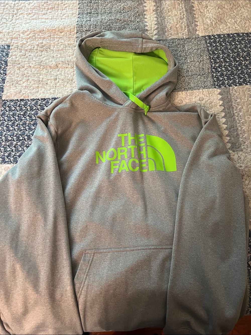 The North Face Grey Hoodie with Lime Green Logo and Lined Hood